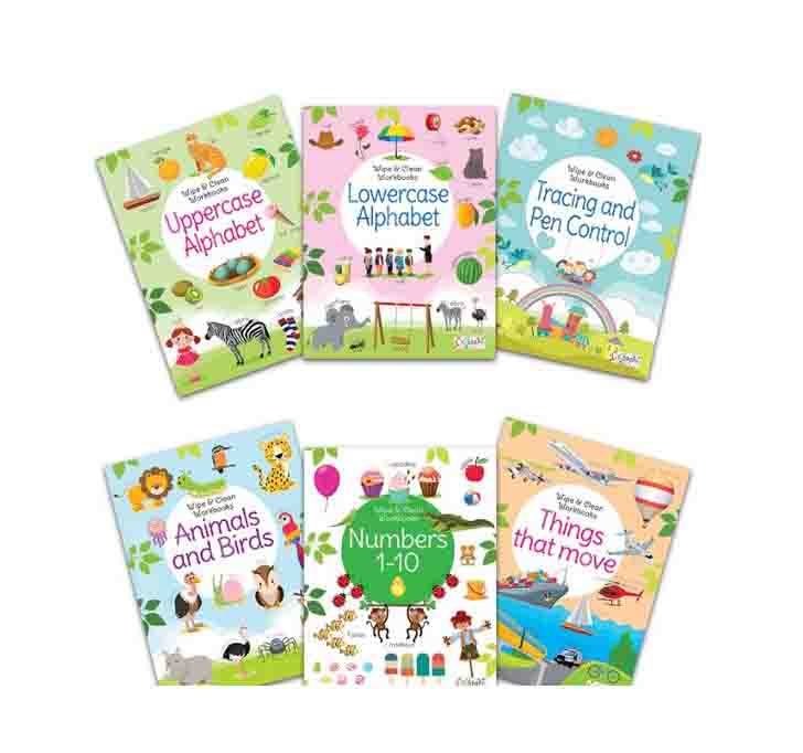 Buy Set Of 6 Reusable Washable Wipe & Clean Books With Free Pens (Animal & Birds, Lowercase Alphabet, Numbers 1-10, Things That Move, Tracing & Pen Control And Uppercase Alphabet)
