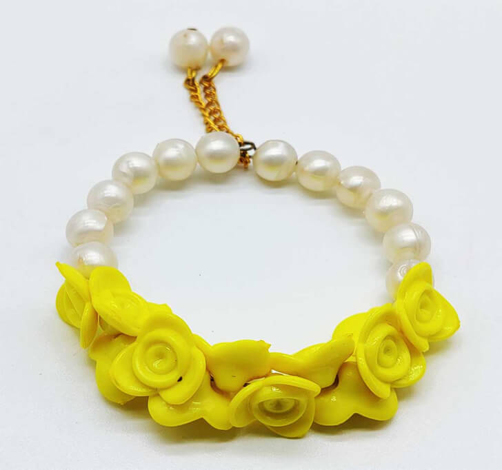 Buy Yellow Floral White Pearl Beads Kada Rakhi