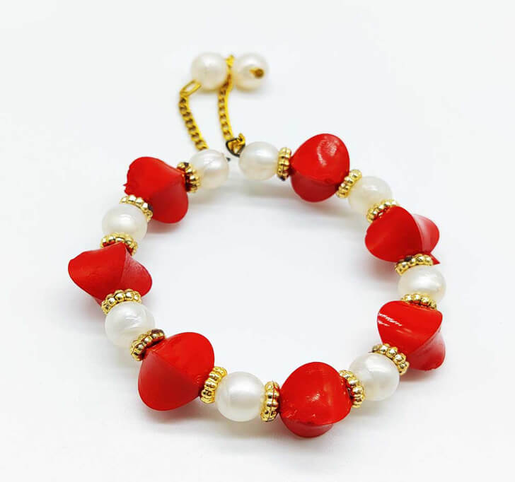 Buy Red Floral Designer White Beads Kada Rakhi