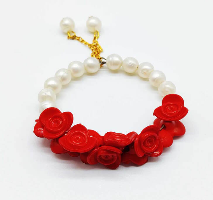 Buy Red Floral White Pearl Beads Kada Rakhi
