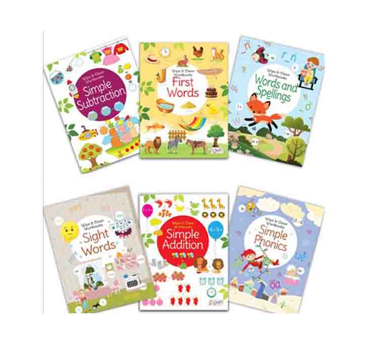 Buy Set Of 6 Reusable Washable Wipe & Clean Books With Free Pens (Simple Addition, Phonics, Sight Words, Spellings, Simple Subtraction And First Words)