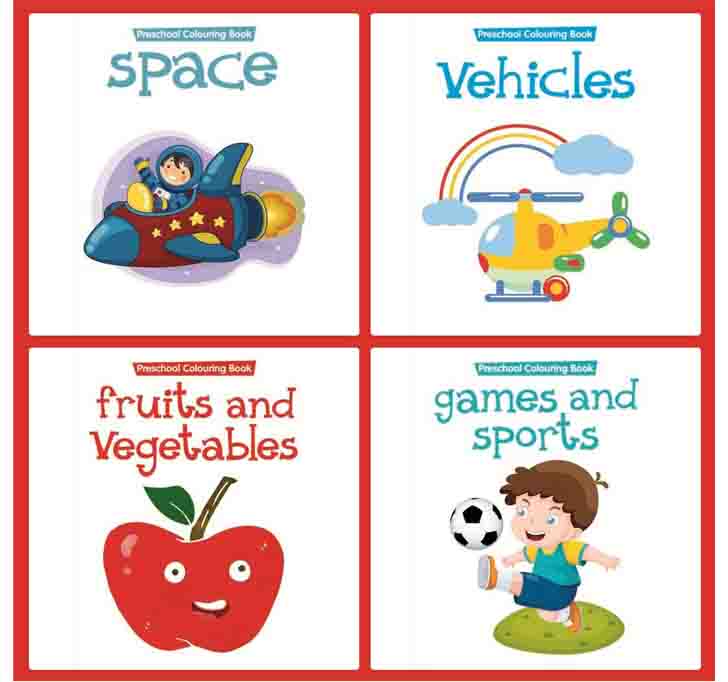 Buy Set Of 4 COLOURING FUN BOOKS (Vehicles, Fruits & Vegetables, Games & Sports, Space) Paperback â€“ 1 January 2018
