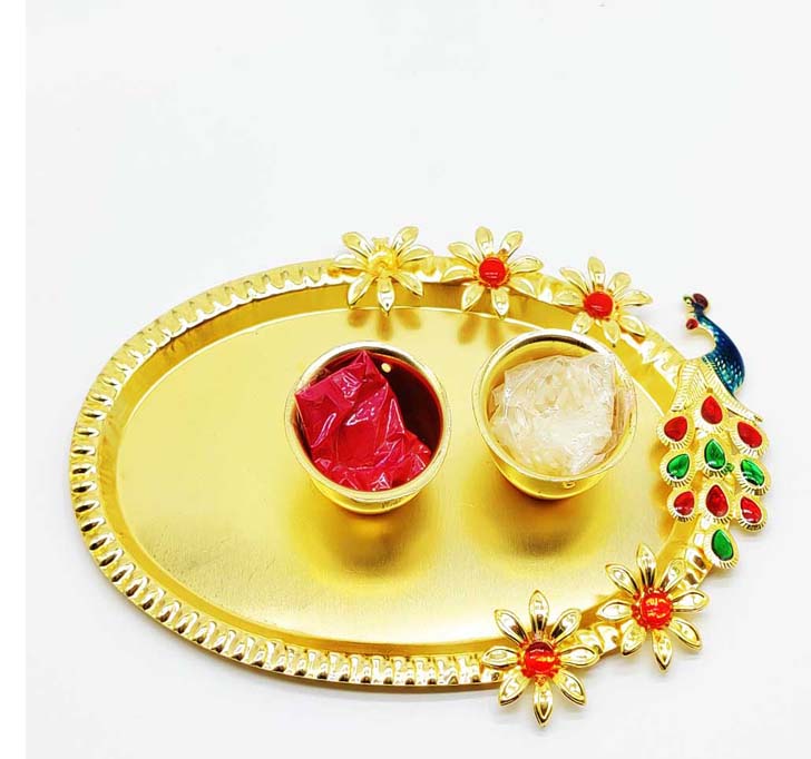 Buy Golden Designer Peacock Pooja Thali