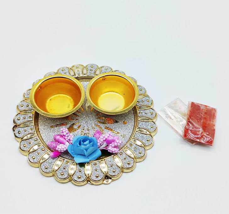 Buy Silver Golden Fancy Designer Pooja Thali