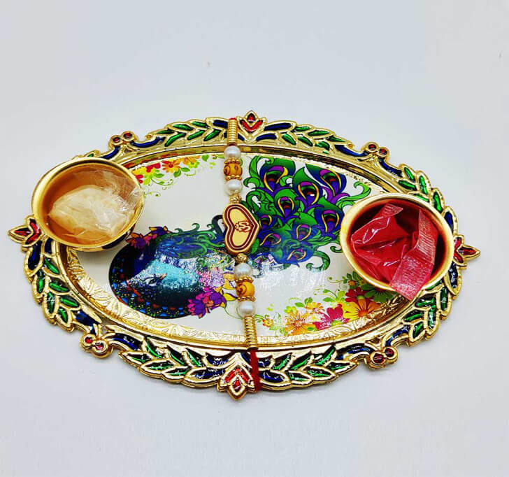 Buy Peacock Designer Meenakar Work Side Border With Beaded Rakhi