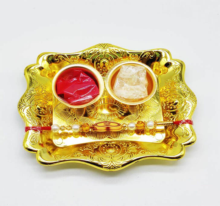 Buy Golden Designer Pooja Thali With Beaded Bhaiya Rakhi