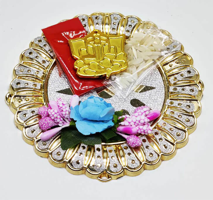 Buy Silver Golden Designer Pooja Thali