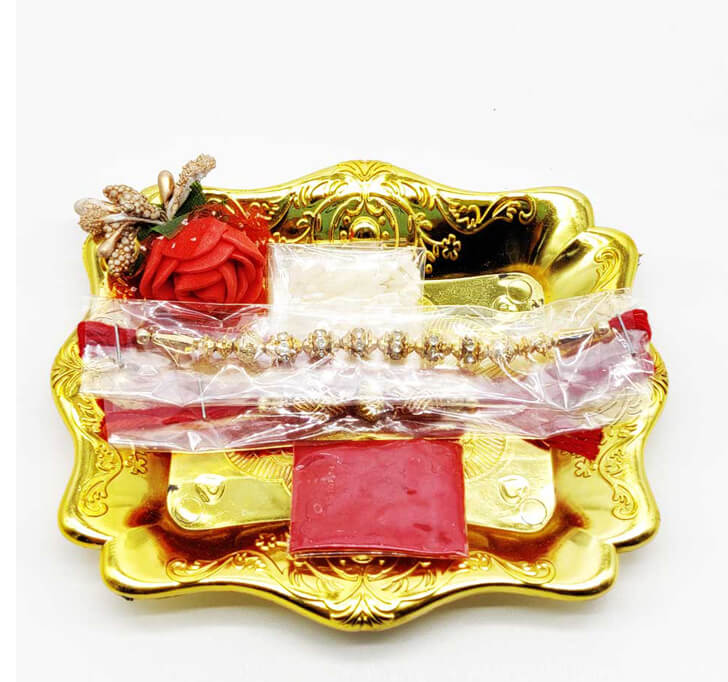 Buy Diamond Golden Pooja Thali With Beaded Bhaiya Rakhi