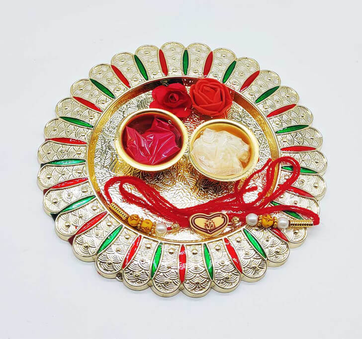 Buy Meenakari Pooja Thali With Multi-Color Beaded Bhaiya Rakhi