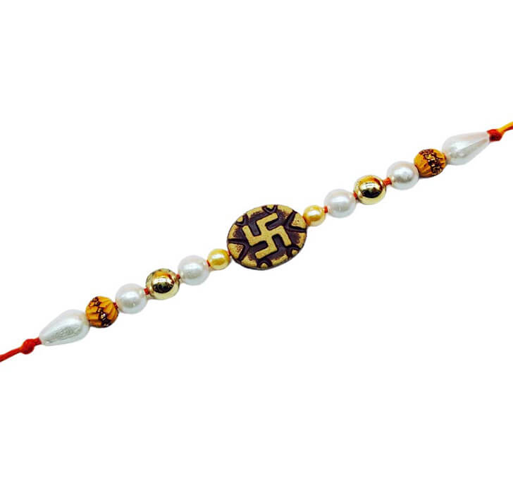 Buy Swastik White Designer Pearl Beads Bhaiya Rakhi