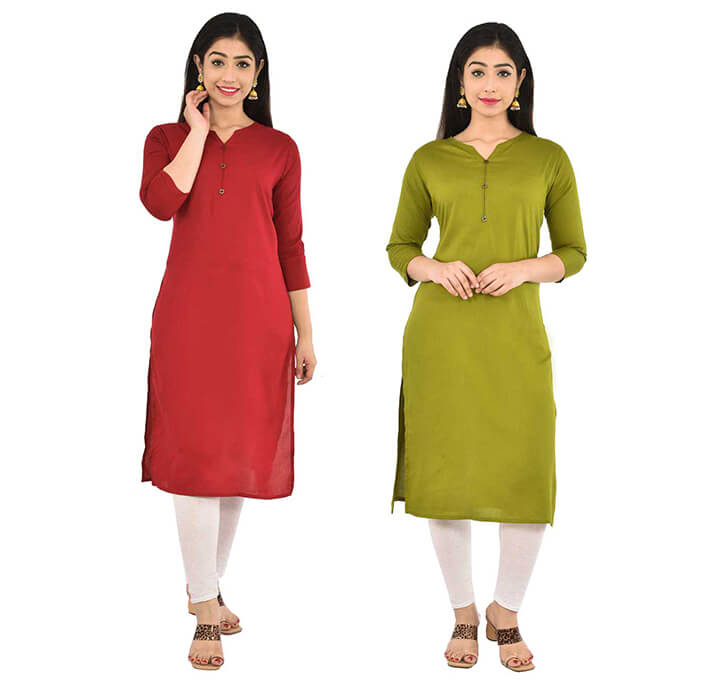 Buy Maroon & Mehandi V-Neck Kurti (Combo)