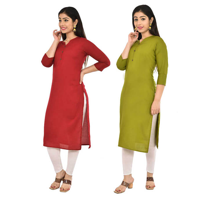 Buy Maroon & Mehandi V-Neck Kurti (Combo)