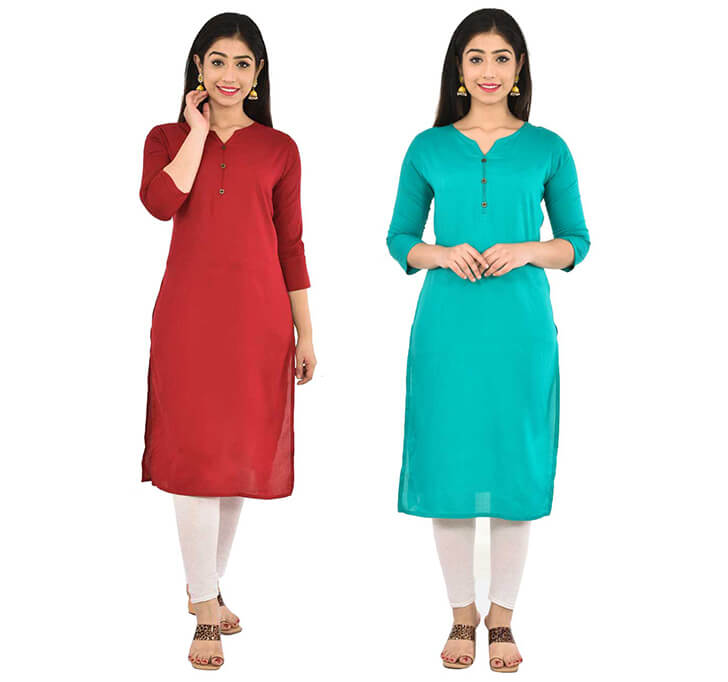 Buy Maroon & Sky Blue V-Neck Kurti (Combo)