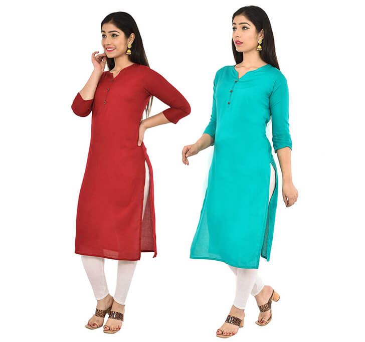 Buy Maroon & Sky Blue V-Neck Kurti (Combo)