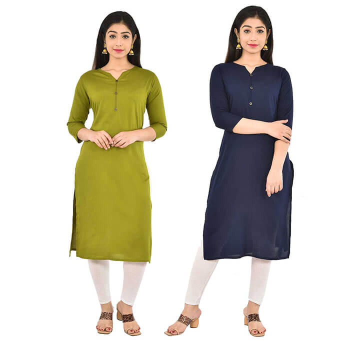 Buy Mehandi & Navy Blue V-Neck Kurti (Combo)