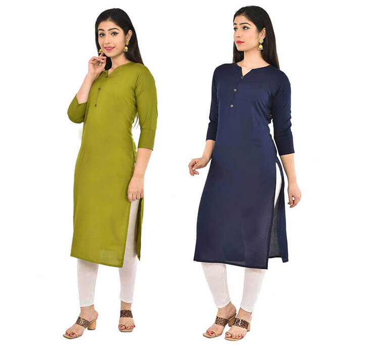 Buy Mehandi & Navy Blue V-Neck Kurti (Combo)