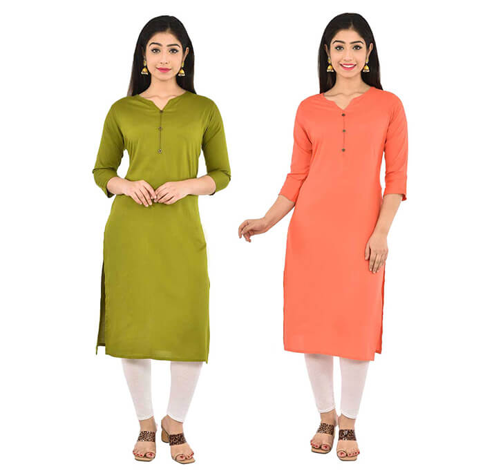 Buy Mehandi & Peach V-Neck Kurti (Combo)
