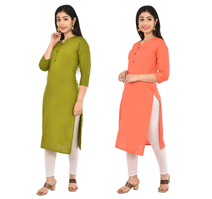 Buy Mehandi & Peach V-Neck Kurti (Combo)