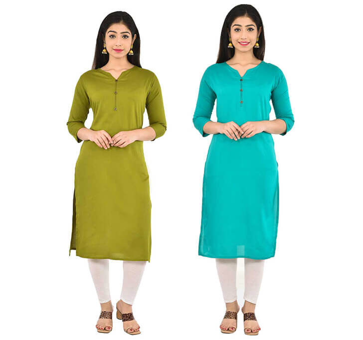 Buy Mehandi & Sky Blue V-Neck Kurti (Combo)