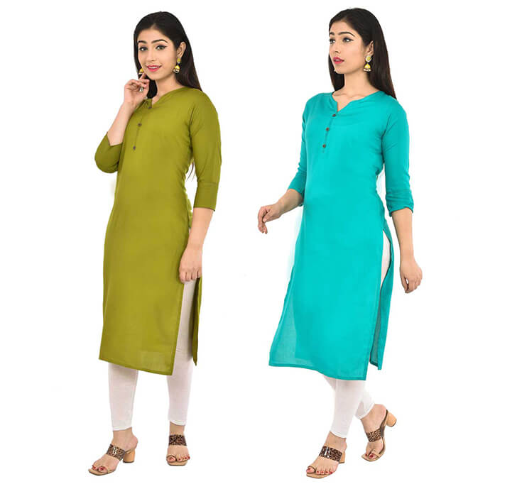 Buy Mehandi & Sky Blue V-Neck Kurti (Combo)