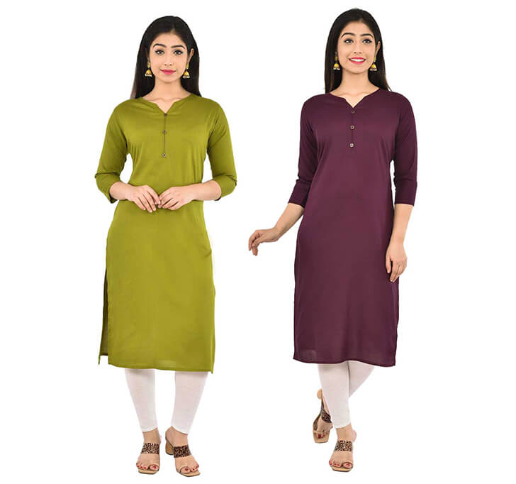 Buy Mehandi & Wine V-Neck Kurti (Combo)