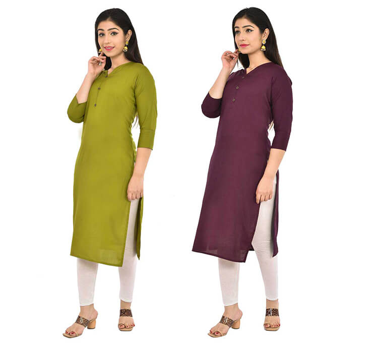 Buy Mehandi & Wine V-Neck Kurti (Combo)
