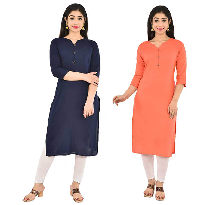 Buy Navy Blue & Peach V-Neck Kurti (Combo)