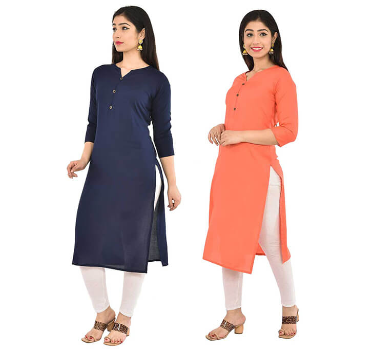 Buy Navy Blue & Peach V-Neck Kurti (Combo)