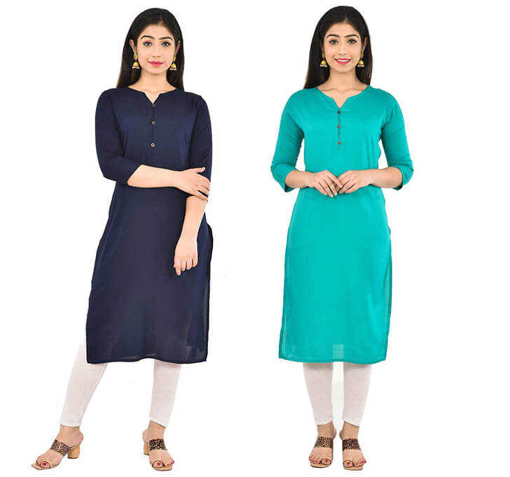 Buy Navy Blue & Sky Blue V-Neck Kurti (Combo)