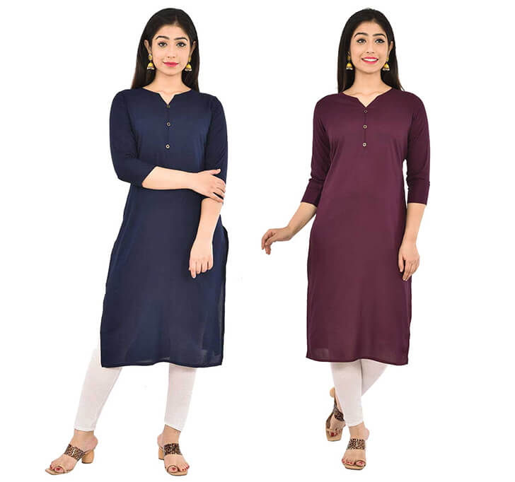 Buy Navy Blue & Wine V-Neck Kurti (Combo)
