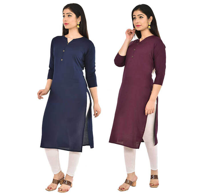 Buy Navy Blue & Wine V-Neck Kurti (Combo)