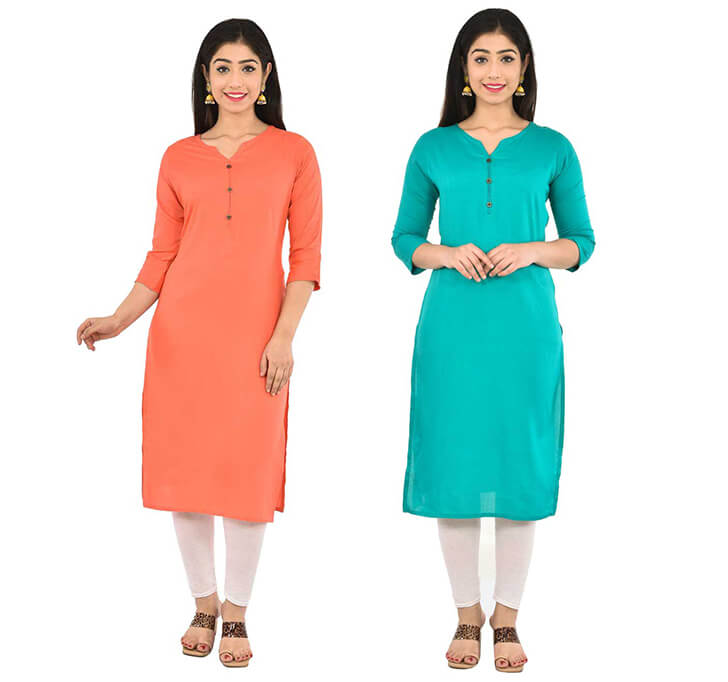 Buy Peach & Sky Blue V-Neck Kurti (Combo)