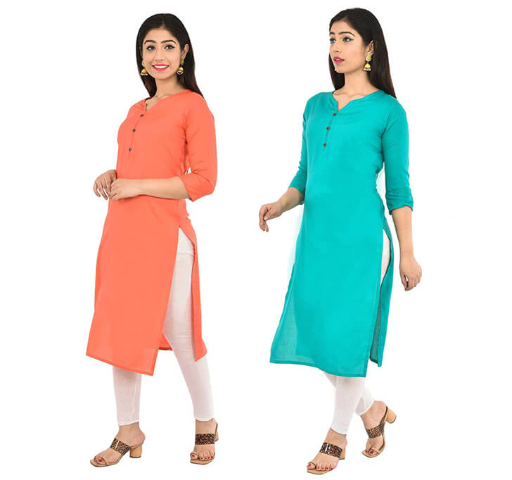 Buy Peach & Sky Blue V-Neck Kurti (Combo)