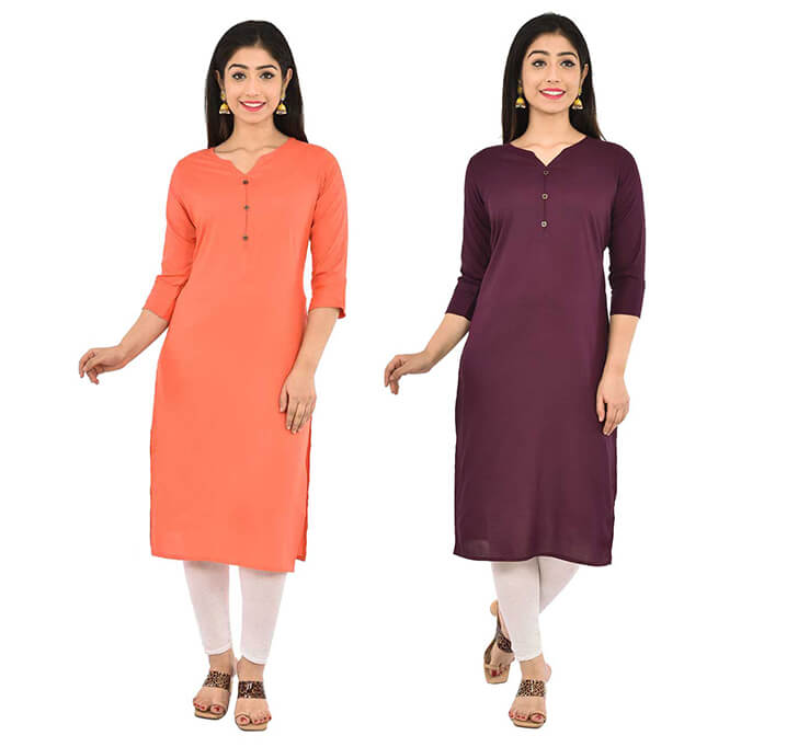 Buy Peach & Wine V-Neck Kurti (Combo)