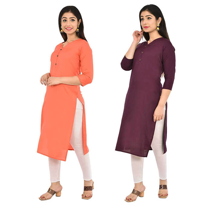 Buy Peach & Wine V-Neck Kurti (Combo)
