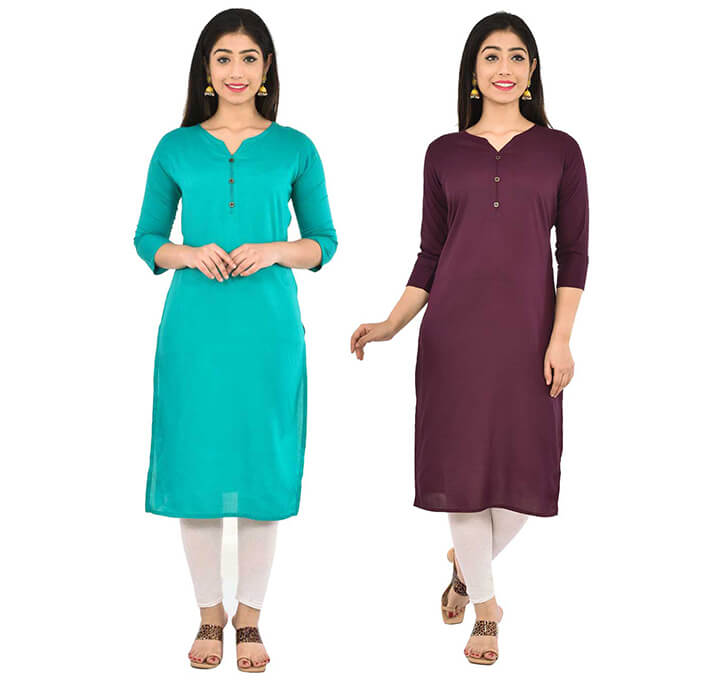 Buy Sky Blue & Wine V-Neck Kurti (Combo)