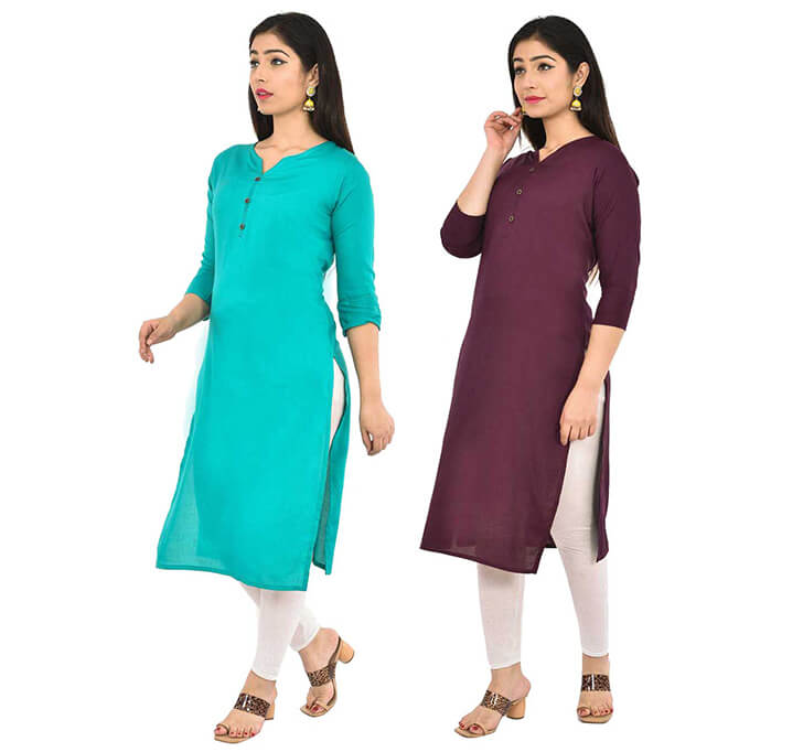 Buy Sky Blue & Wine V-Neck Kurti (Combo)