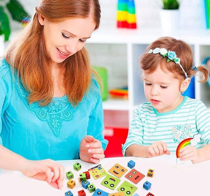 Buy Wooden Face Expressions Changing Magic Puzzle Building Cubes Blocks Games With 16 Buliding Blocks,72 Challenge Cards,Makes A Great Gift Game Toys For Kids