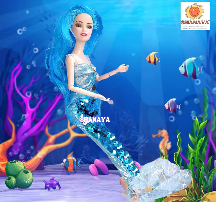 Buy SHANAYA Mermaid Dolls For Girls With Colored Hair, Glittering Dress, Wands, Tiara, Earrings And Necklace Styling Accessories, Gift For Ages 3 And Up (Blue)