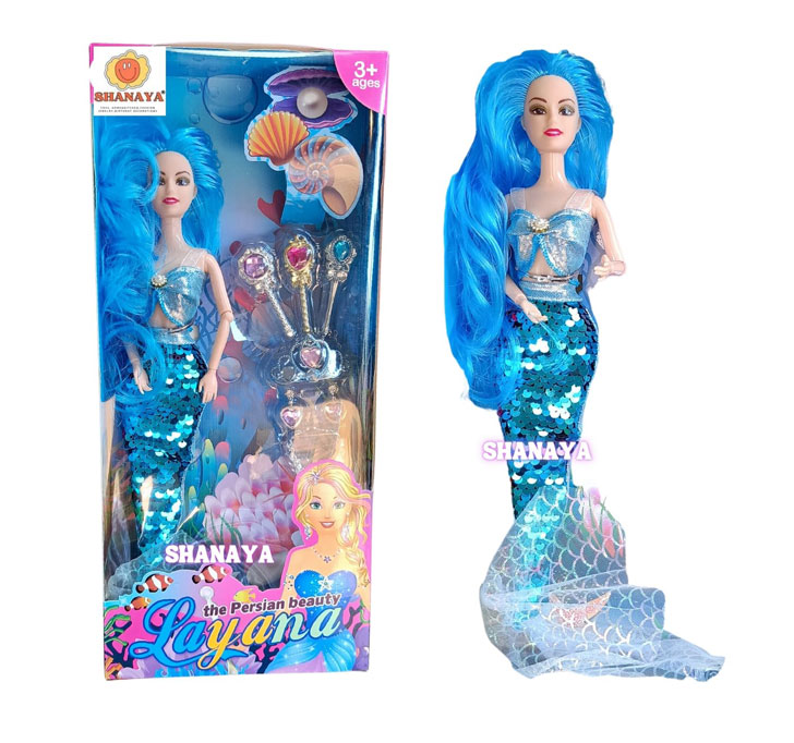 Buy SHANAYA Mermaid Dolls For Girls With Colored Hair, Glittering Dress, Wands, Tiara, Earrings And Necklace Styling Accessories, Gift For Ages 3 And Up (Blue)