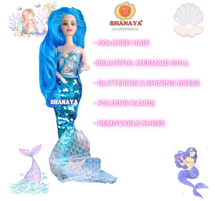 Buy SHANAYA Mermaid Dolls For Girls With Colored Hair, Glittering Dress, Wands, Tiara, Earrings And Necklace Styling Accessories, Gift For Ages 3 And Up (Blue)