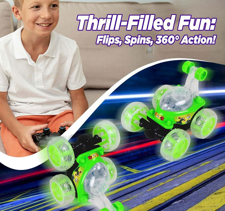 Buy Gooyo 9802 Rechargeable 5 Functions 360Â° Rotating & Rolling Big Stunt Car Toy With USB Cable & Remote Controller With Demo Feature | Green Color, Power Source: Lithium Battery In Car (Included)