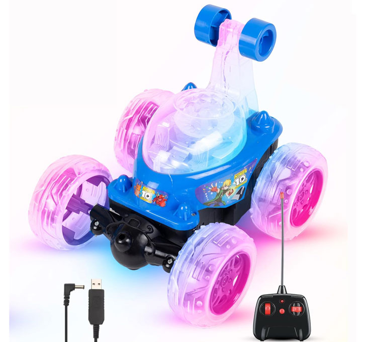 Buy Gooyo 9802 Rechargeable 5 Functions 360Â° Rotating & Rolling Big Stunt Car Toy With USB Cable & Remote Controller With Demo Feature | Green Color, Power Source: Lithium Battery In Car (Included)