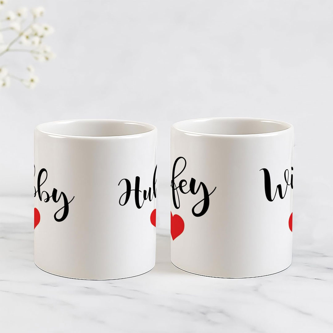 Buy Hubby And Wifey Coffee Mugs, White Ceramic, Couples Gift Set With Heart Design, Wedding Anniversary Present, 2 Mug Piece (350ml)