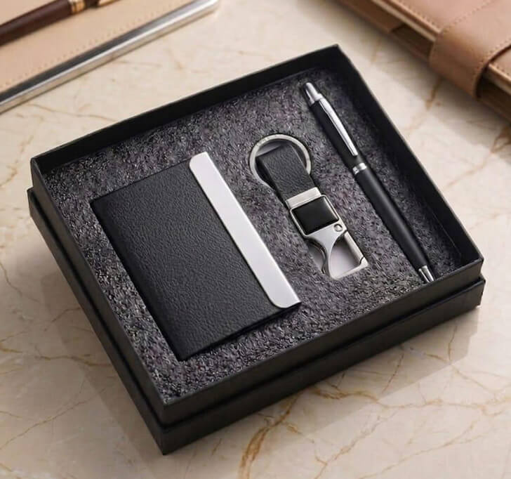 Buy Premium Black And White Card Holder, Pen And Keychain