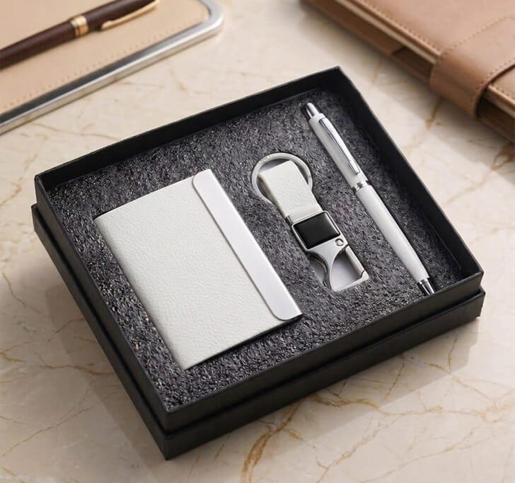 Buy Premium White Card Holder, Pen And Keychain