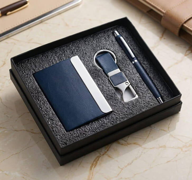 Buy Premium Blue Card Holder, Pen And Keychain - Personalized Executive Gift