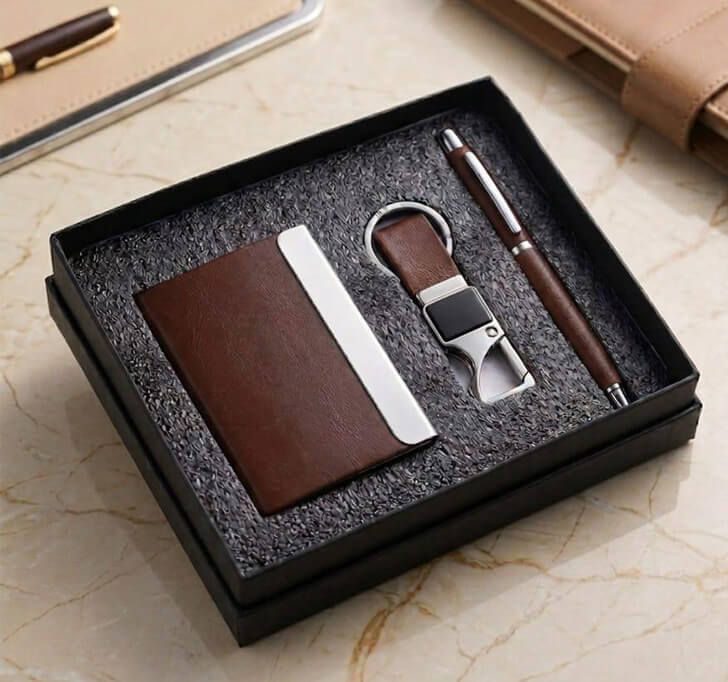 Buy Premium Brown Card Holder, Pen And Keychain - Personalized Executive Gift