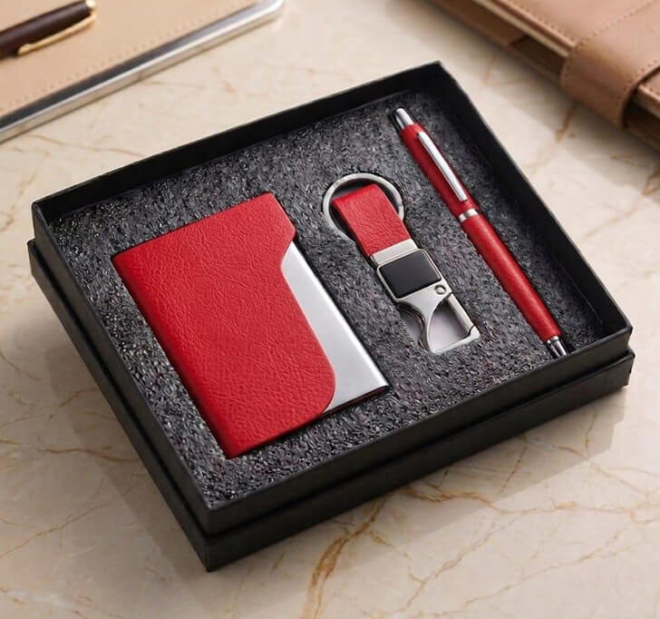 Buy Premium Red Card Holder, Pen And Keychain - Personalized Executive Gift