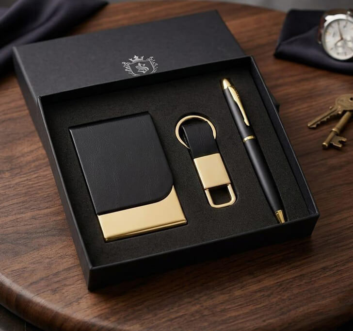 Buy Premium Black Card Holder, Pen And Keychain - Personalized Executive Gift